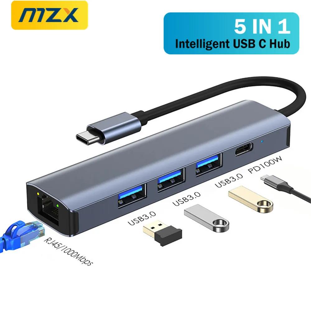 MZX USB-C 3.0 Ƽ  ŷ ̼, 1000M RJ45 ̴ Ʈũ  ġ A Ÿ C PD ũ, HDMI ͽټ 